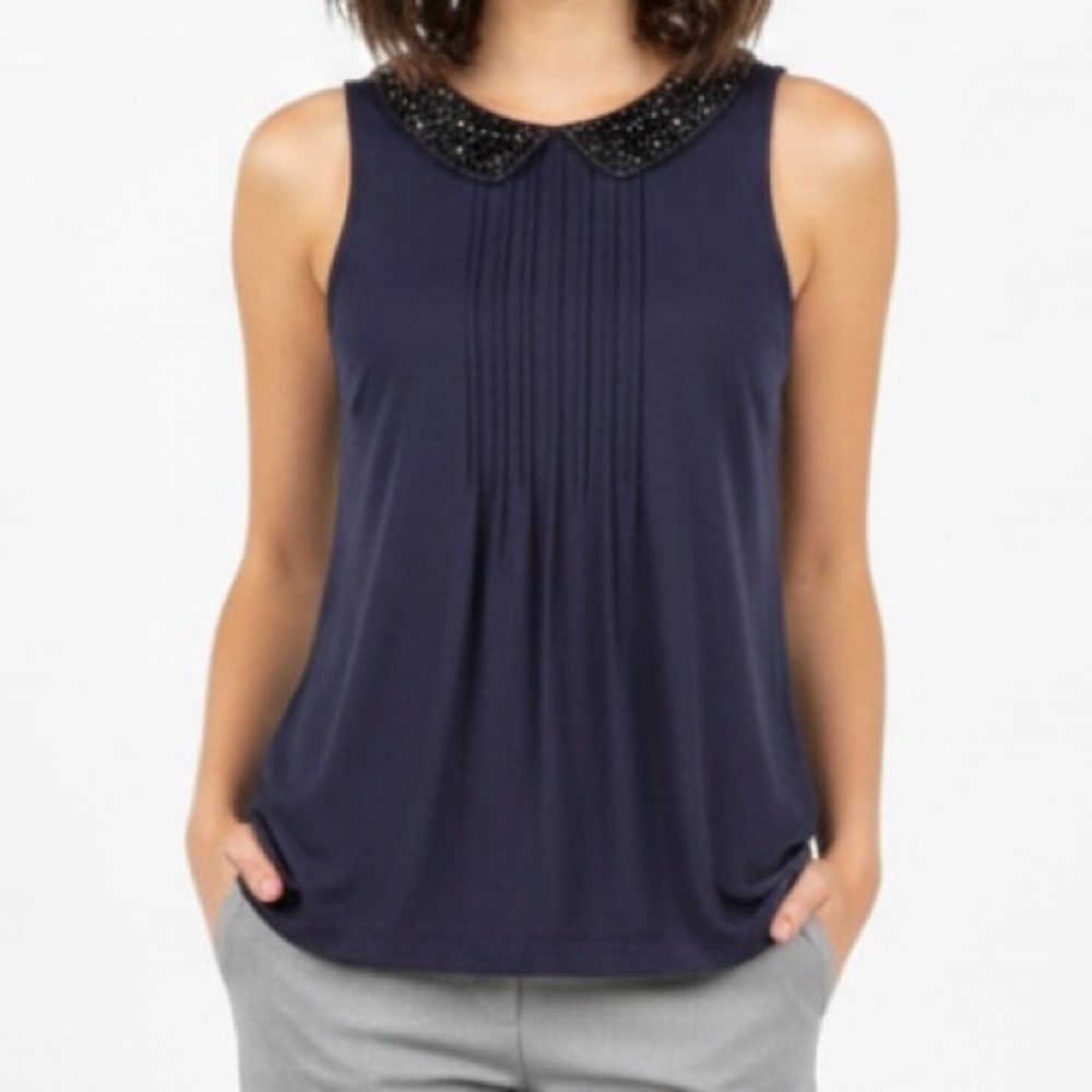 Loft Tank Top Beaded Peter Pan Collar Pin-tuck Knit XS Blue Sleeveless Preppy